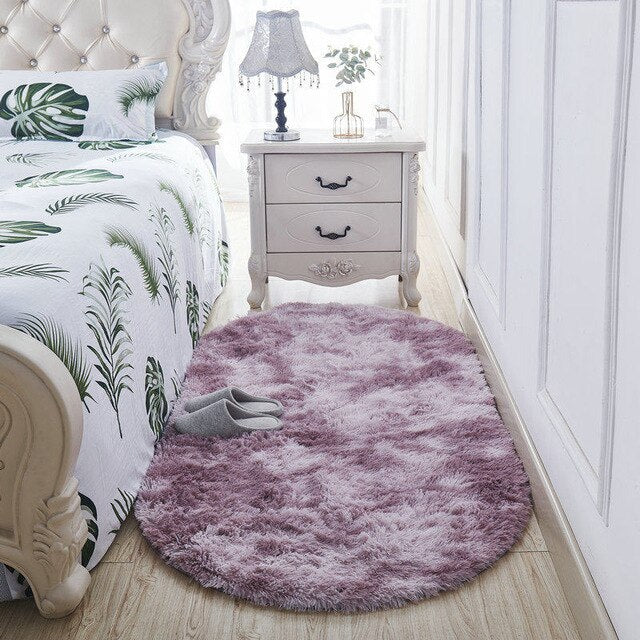Oval puderrosa mjuk shaggy sängmatta