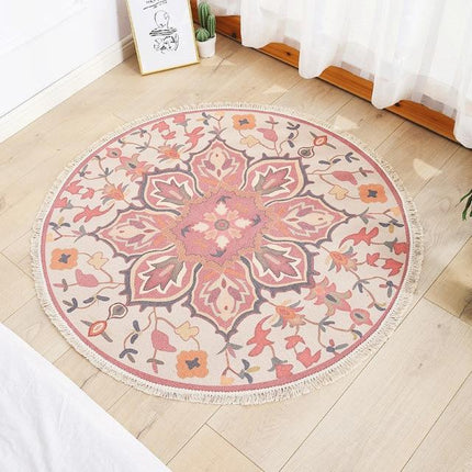 Rosa rund bohemisk matta med fransar
