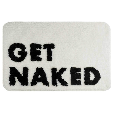 Badrumsmatta med texten 'Get Naked'