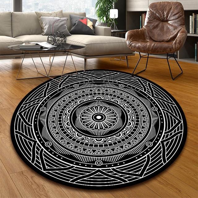 Rund vinylmatta med grafiskt mönster