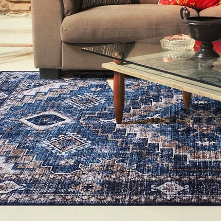 Blå vintage matta med kilim-mönster