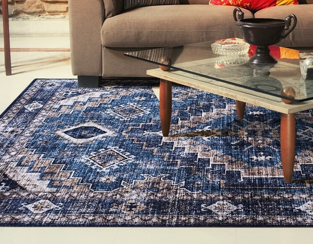 Blå vintage matta med kilim-mönster